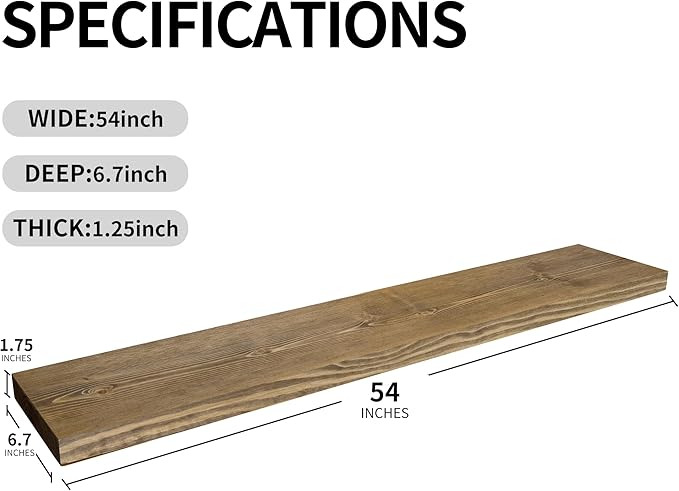 BGMG Wood Floating Shelves for Wall 54 inch Set of 2,Dark Walnut Floating Shelves,Solid Wood Wall Mount Shelves for Bathroom Living Room Bedroom Kitchen Farmhouse -54x6.7x1.75 inch