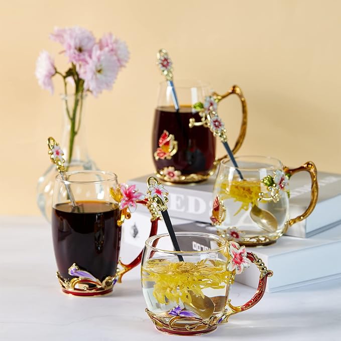 Tea Cup Glass Coffee Mugs,Fancy Tea Cup Set Birthday Christmas Valentine's Day Gift Idea for Tea Lover and Women Novelty Coffee Mugs Lily Flower Enamel Tea Cup with Spoon