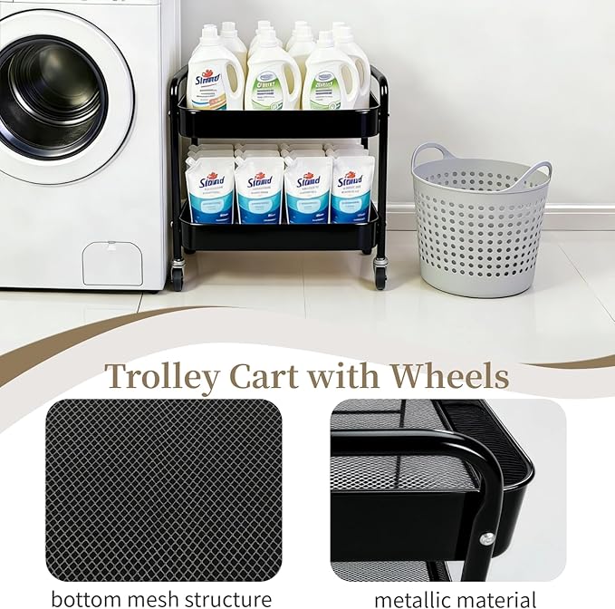 2 Tier Rolling Cart with Wheels for Under Desk Storage & Pantry Room, Large Capacity Laundry Room & Makeup Organizer, Sturdy Kitchen Utility Cart for Small Space with 4 Hooks, Black