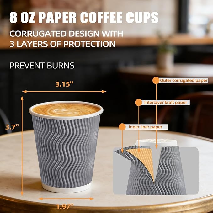 BYSNOW 100 Pack 8 oz Coffee Cups with Lids, Disposable Insulated Hot Cups To Go Paper Coffee Cups, Corrugated Ripple Wall Cup for Hot Drink, Office, Coffee Bar (Grey 8 oz)
