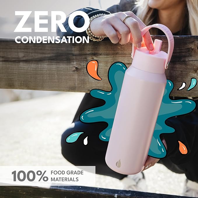 Elemental 40oz Insulated Water Bottle with Straw - 100% Leak-Proof Stainless Steel Core Water Bottles for Travel, Sports and Gym - Double Wall Insulation & BPA Free - Blush Pink