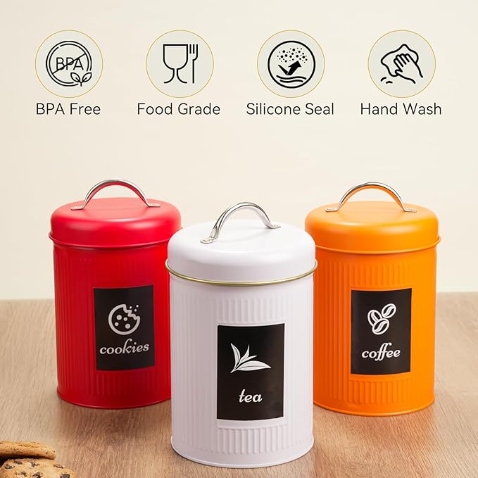 Farmhouse Coffee Canister Storage Container, 42 Oz Vintage Coffee Bean Airtight Jar with Lids, Food Tins with 12 Label Stickers, Kitchen Counter Pantry Organization for Candy Sugar Cookie Tea