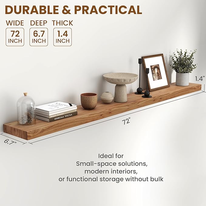 72 Inch Floating Shelves for Wall 1 Pack Shelves for Bedroom, Bathroom, Kitchen, Wall Mounted Rustic Solid Elm Wood Floating Shelf with Invisible Bracket for Books, Decor, Storage, Natural
