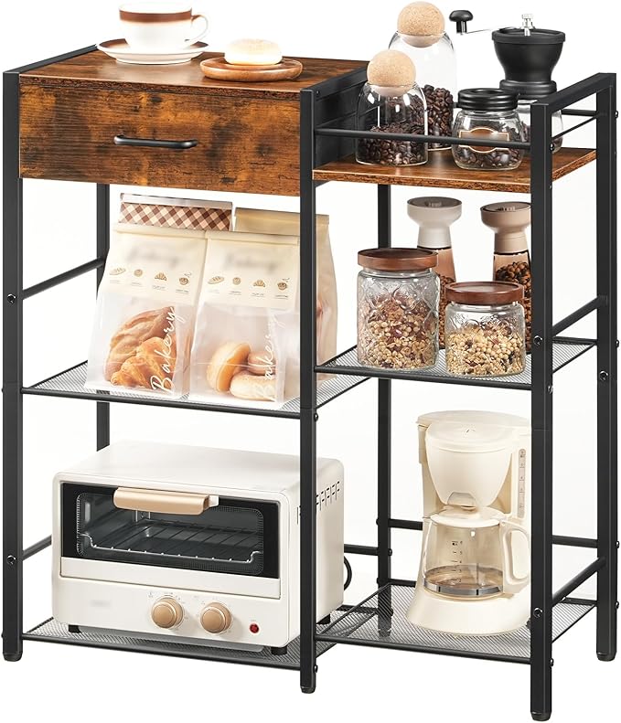 HOOBRO Coffee Bar Cabinet, Farmhouse Coffee Stand Station, 6 Tiers Kitchen Station Table with Drawer, Kitchen Bar Table for Small Space, Buffet Sideboard Cabinet with Storage, Rustic Brown BF77KF01