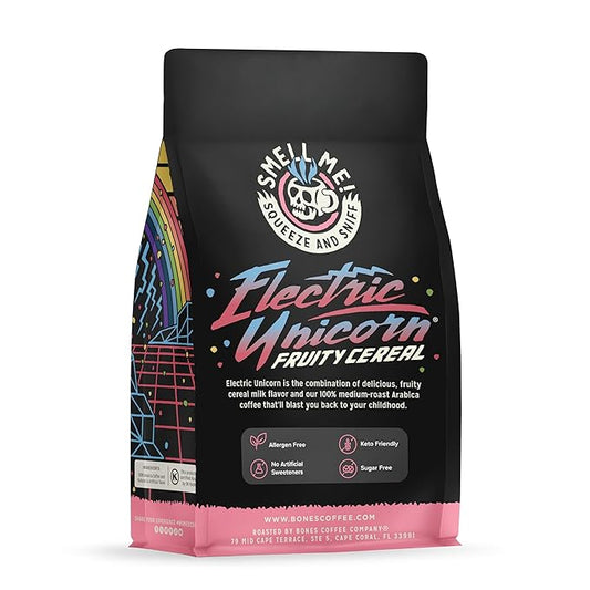 Bones Coffee Company Electric Unicorn, Fruity Cereal With Milk Flavored Coffee, Medium Roast Low Acid Arabica Beans Compatible with Auto drip and French Press Coffee Maker, 12 Oz Whole Bean