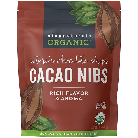 Viva Naturals Organic Cacao Nibs, Unsweetened, 1 LB (454 g), Keto Friendly, Vegan, Non-GMO, Gluten-Free Chocolate Chip Substitute