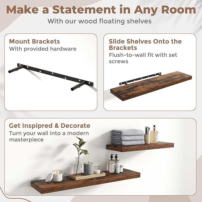 Floating Shelves for Wall with Invisible Brackets, Wall Mounted Engineered Wood Shelves with Wood Grain for Living Room, Bathroom, Kitchen Decor and Storage, Oak, 36"L Set of 2, Rustic Brown