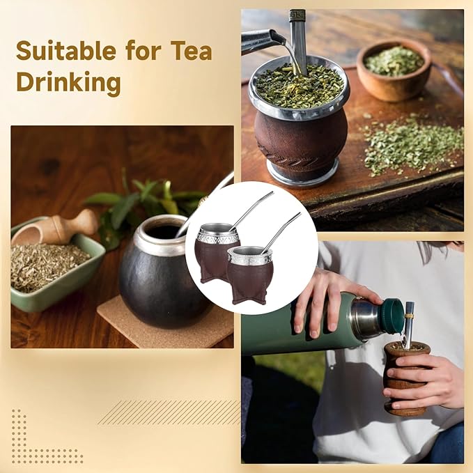 2PCS Yerba Mate Cup, 6 oz Stainless teel Mate Cup with Straw, Double Wall Vacuum Insulated Yerba Mate Gourd for Traditional Mate Tea Drinking (Brown)