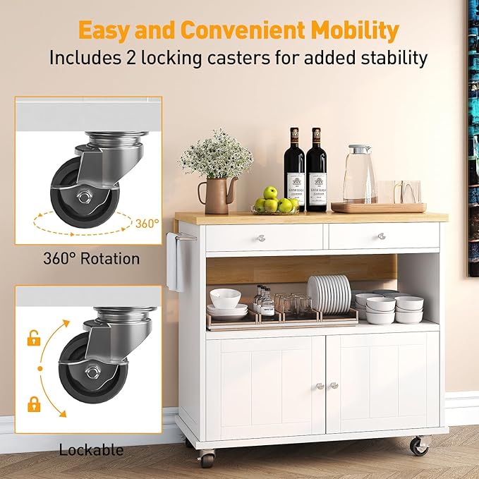 Rolling Kitchen Island with Folding Drop Leaf Breakfast Bar, 35.4'' W Kitchen Cart with Storage Cabinet and 2 Drawers, Portable Mobile Kitchen Island Table with Towel Rack, Lockable Wheels, White