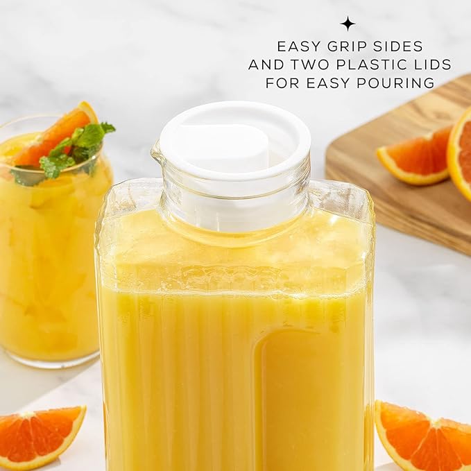 68oz Glass Pitcher with Lid (2 Lids), Rectangle Beverage Serveware and Storage Container for Cold Drinks and Liquids, Water Containers, 2 Quart Pitcher with Lid for Kool Aid and Lemonade