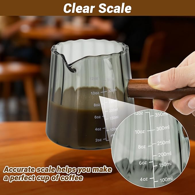 Espresso Measuring Cup 12 Oz, Espresso Glass Cups with Wood Handle, Milk Frothing Cup, Espresso Cup for Coffee, Milk, Tea or Maple Syrup Serving (Gray, 12 oz)
