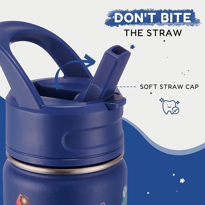 12oz Water Bottle for School, Bottles with Straws, Stainless Steel Vacuum Insulated Water Bottle, Leak-Proof, BPA-Free, Blue Transportation