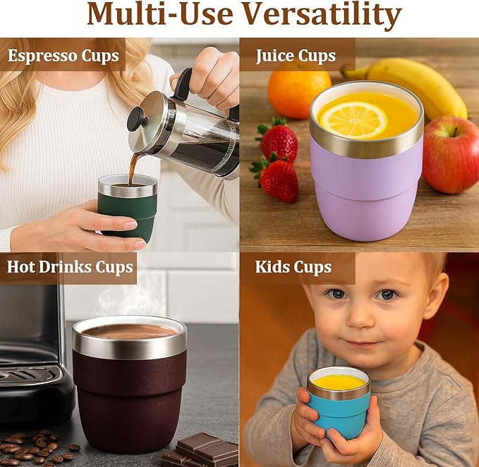 Zenbo 4 oz Espresso/Coffee Cups, Ceramic-Lined Double Wall Vacuum Insulated 18/8 Stainless Steel, Stackable & Dishwasher Safe, Space-Saving, Compatible with Most Espresso & Coffee Makers, 2 Pack