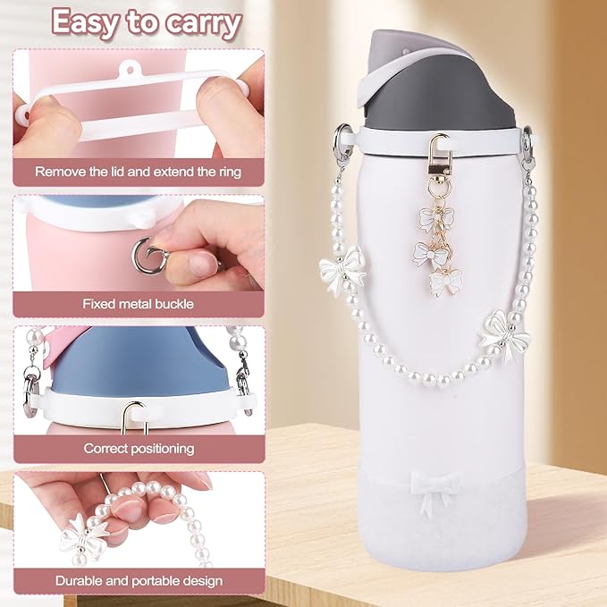 Water Bottle Accessories Set for Owala FreeSip 24oz、32 oz– Includes Pearl Handle Strap, Bow Charms,2.9in .3inch Silicone Bling Boot for Owala Accessories for Women