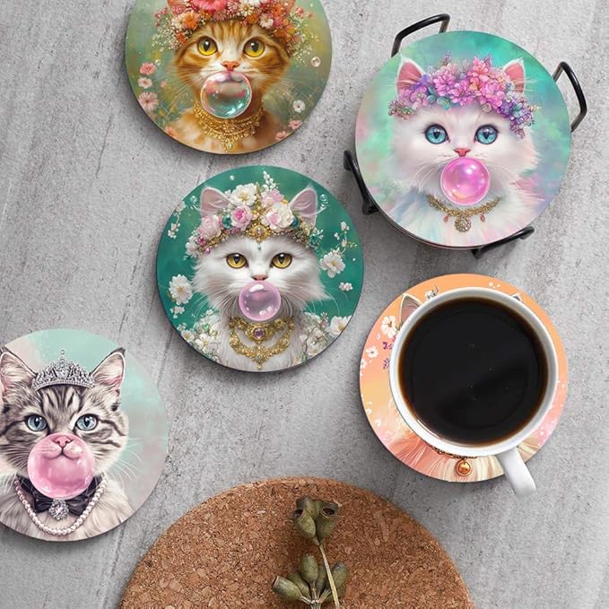 Puraikcmi Cat Lover Coasters Set of 6 with Holder, Ceramic, Multicolor, Funny Cat Designs, Drink Coasters for Table, Office, Desk, Bar, Gift