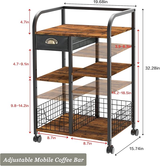 keomaisyto Coffee Cart with Storage Drawer, Coffee Bar Cabinet with Wheels, 4-Tier Adjustable Mobile Coffee Table, Rustic Wood Coffee Bar Station for Kitchen/Entrance/Living Room/Dining Room