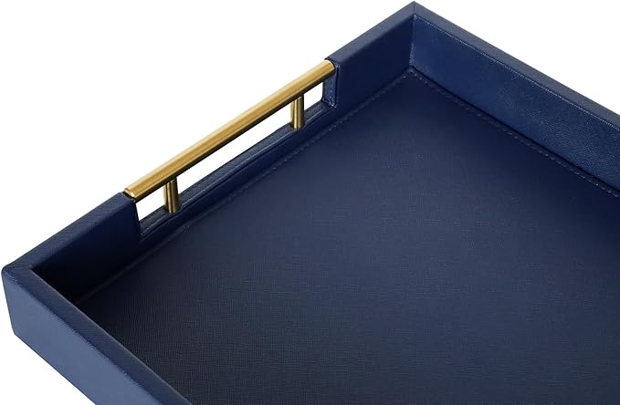 HofferRuffer Faux Leather Serving Tray with Gold Metal Handles, Stylish Decorative Tray Organizer for Coffee Table, Ottoman, Home Decor and Serving (Blue, 16.2" x 12.2" x 2")