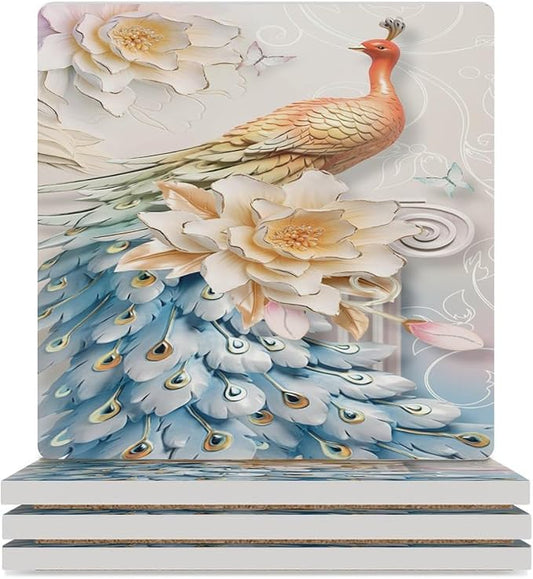 Square-4PCS Peacock Drink Coasters, Square Modern Ceramic Absorbent Coasters, Vintage Country Flower Beautiful Peacock Floral Decor Desk Coffee Table Coaster for Beverage Cup Tea Coasters