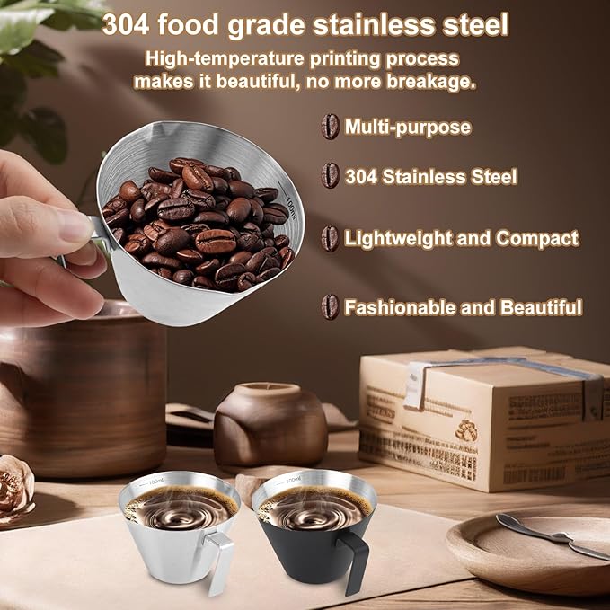 2Pcs Espresso Cups with Handle, WCHOSOZH 3.4OZ Espresso Accessories, Stainless Steel Spout Measuring Cup with Scale, Espresso Pouring Cup with V-Shaped Mouth (V-Deep Mouth - Black)