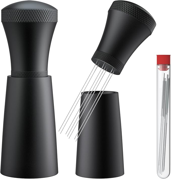 WDT Espresso Distribution Tool Espresso Stirrer Tools for Barista, 0.35mm 7 Needles Espresso Coffee Stirrer with Extra 7 Replaceable Needles, Aluminum Alloy Handle with Stand (Black)