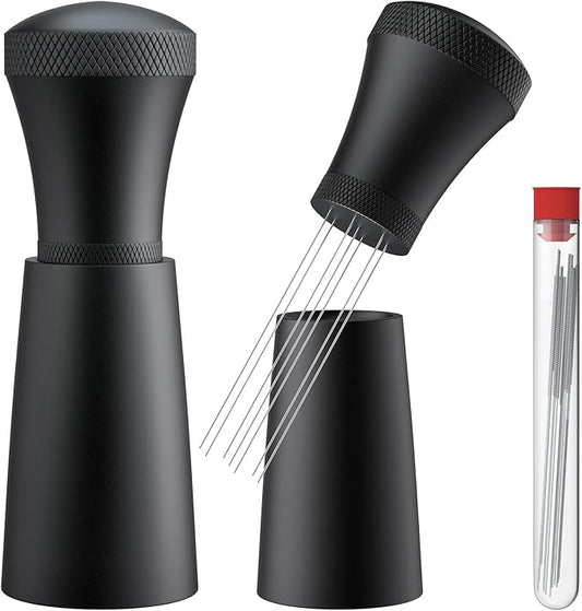 WDT Espresso Distribution Tool Espresso Stirrer Tools for Barista, 0.35mm 7 Needles Espresso Coffee Stirrer with Extra 7 Replaceable Needles, Aluminum Alloy Handle with Stand (Black)