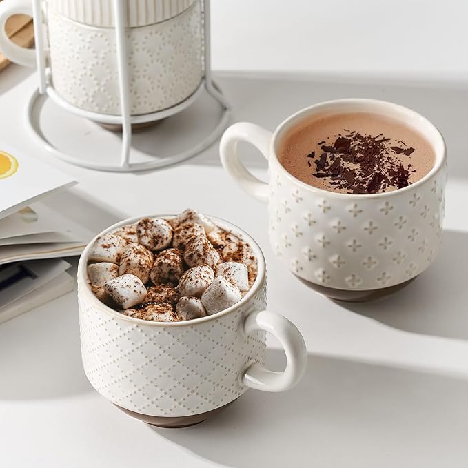 JH JIEMEI HOME Large Ceramic Coffee Mug Set of 4 with Stand, 15 Oz Stackable Different Embossment Ribbed Latte Cup Set for Cappuccino, Tea, Hot Cocoa, Drinks - Dishwasher & Microwave Safe, Off White