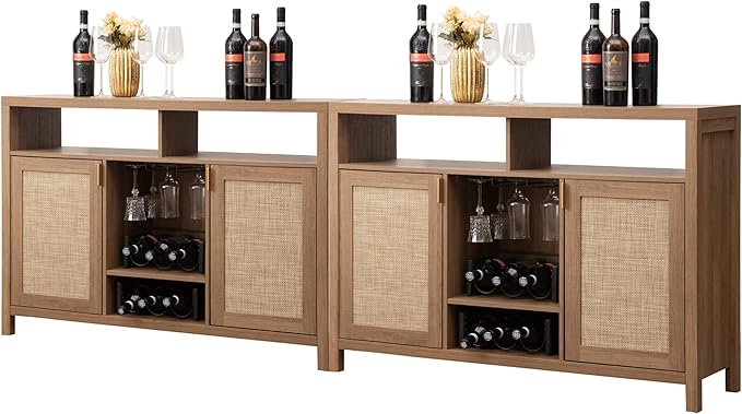 SICOTAS Rattan Coffee Bar Cabinet, 102" Farmhouse Sideboard Buffet Cabinet with Storage, Boho Liquor Wine Cabinet Set of 2 Credenza Console Buffet Table for Home Living Dining Room Entryway, Natural
