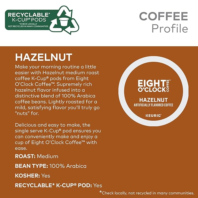 Eight O'Clock Coffee Hazelnut, Single-Serve Coffee K-Cup Pods, Medium Roast, 60 Count