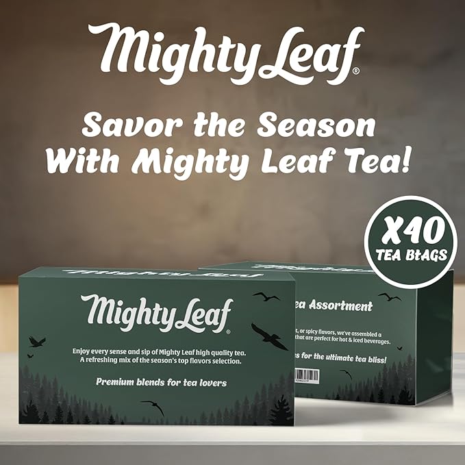 Mighty Leaf Organic Tea Sampler – 40 Count Silken Tea Bags – 8 Assorted Flavors: Tropical Green, Chamomile Citrus, Earl Grey, Vanilla Bean, White Orchard, Breakfast, Spring Jasmine, African Nectar – Premium Tea Gift Box