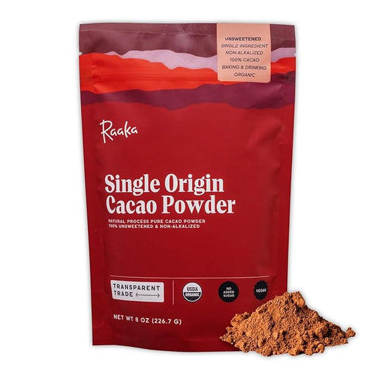 Raaka Chocolate Organic Cacao Powder - Unsweetened, Non-Alkalized, Perfect for Baking, Substitute for Cocoa Powder - Gluten-Free, Soy-Free, Sugar-Free, Allergen-Friendly - 8oz Resealable Bag