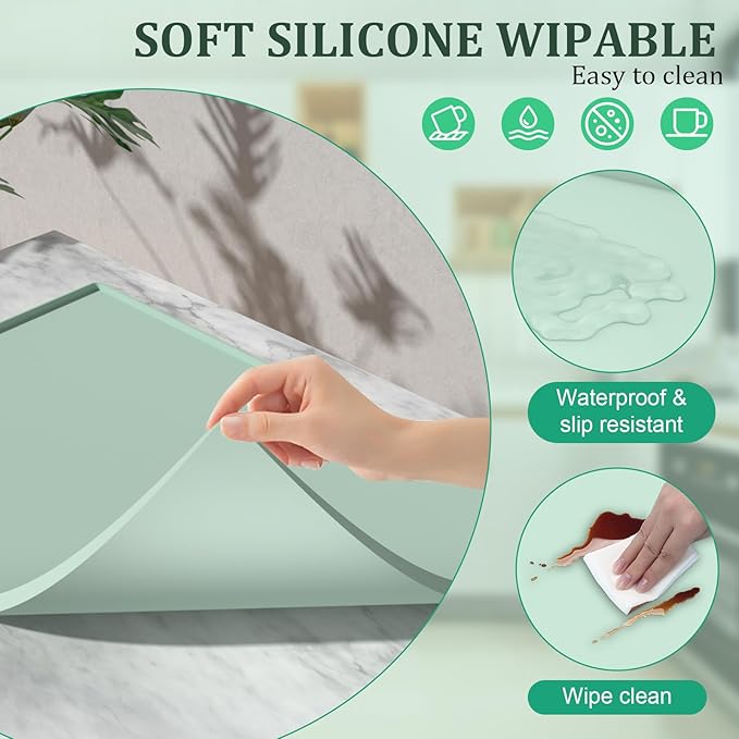 Silicone Coffee Mat Set - Includes Removable Drying Pad, Raised Edges for Non-Leak and Non-Slip, Suitable for Kitchen Coffee Machines and Countertop Protection, Bar Decor Pad (Green, 24" x 16")