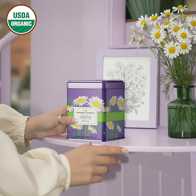 Life Plus Style Gourmet The Secret Garden Organic Chamomile Herbal Tea Bags Caffeine-Free Non GMO Gluten Free 50 Tea Bags Classic Tin