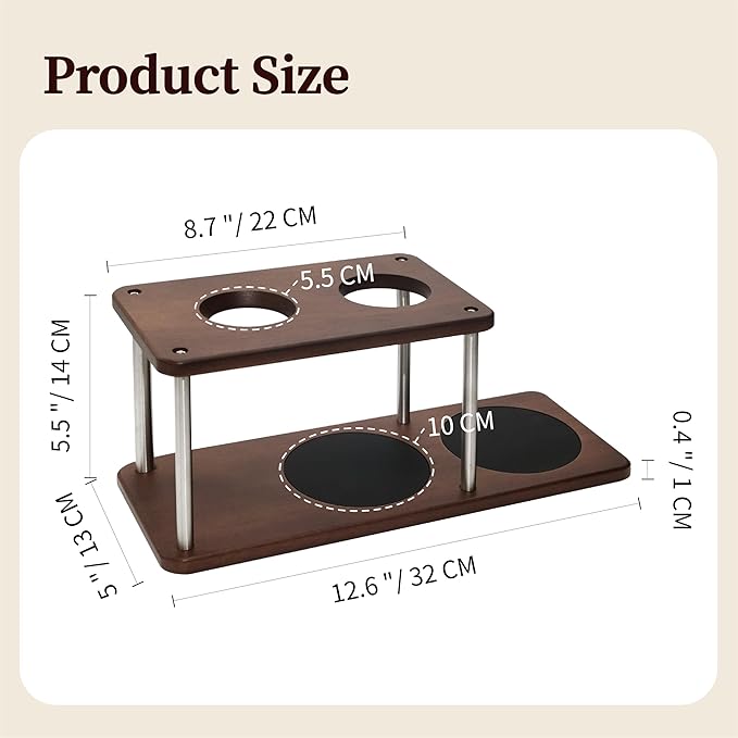 seicasaya Pour Over Coffee Station Solid Sapele Wood & Stainless Steel Dual Dripper Stand Coffee Organizer (Dark Wood)