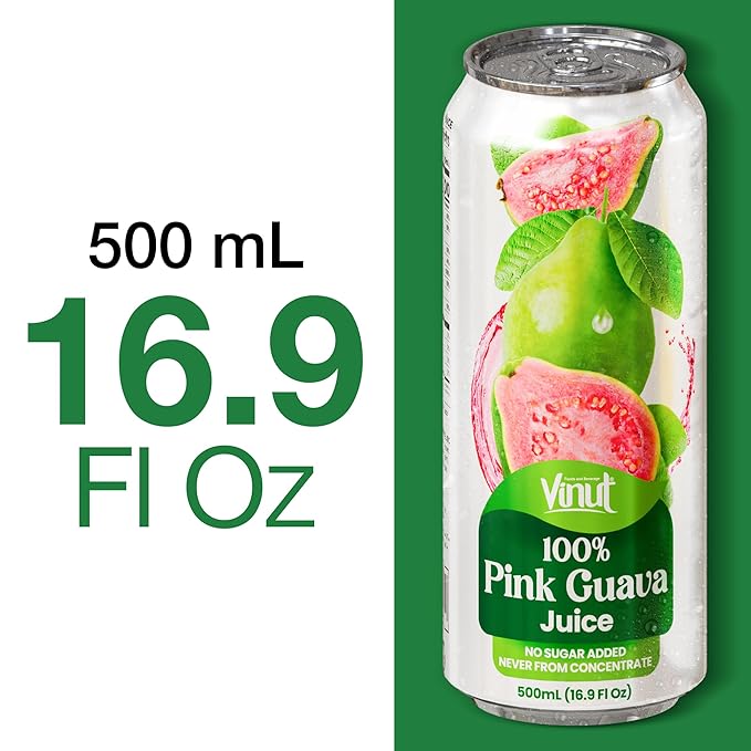 VINUT 100% Pink Guava Juice, No Added Sugar, Not From Concentrate, 16.9 fl oz (500 mL) Can, Pack of 12