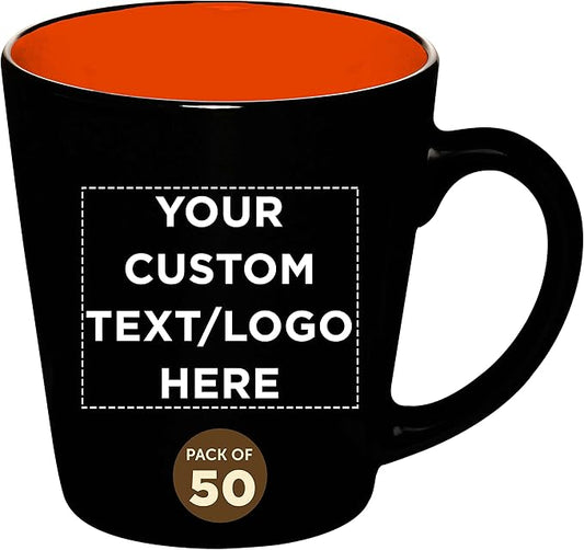 Custom Ceramic Coffee Latte Mugs 12 oz. Set of 50, Personalized Bulk Pack - Perfect for Coffee, Tea, Espresso, Hot Cocoa, Other Beverages - Orange