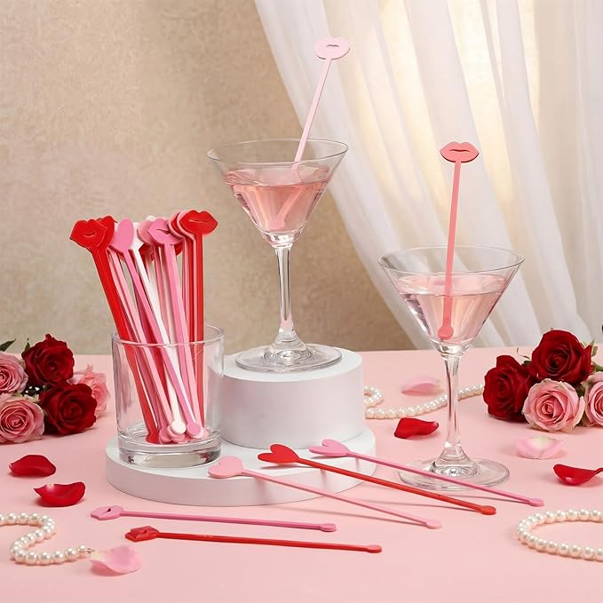 32 Pcs Valentines Day Cocktail Stirrers 7 Inch Heart Love Lips Drink Coffee Stirrers Cute Acrylic Stir Sticks for Valentines Wedding Drink Birthday Bridal Cocktail Supply(Fashion Style)