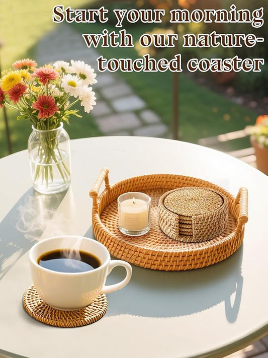 6pcs Natural Handmade Rattan Coasters with Holder - Wicker Drink Coasters Set for Protecting Table, Housewarming Gifts Boho Home Decor