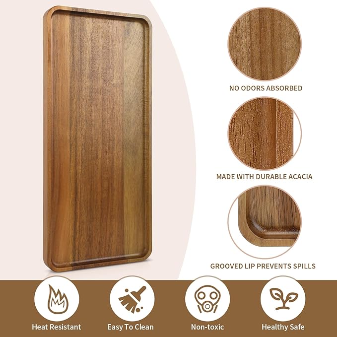 1 pcs 14"x5.3" Solid Acacia Wood Serving Tray Rectangular Wooden Serving Platter Natural Wooden Board for Bar Coffee Party