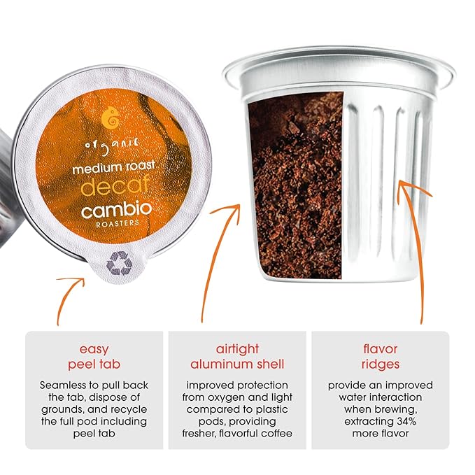 Cambio Roasters Organic Coffee Pods - Decaf Medium Roast, The Only Organic Recyclable Aluminum Coffee Pods, Small Batch Roasted, Keurig Compatible, for Any Time of Day, Longer Lasting Freshness, 60 Count