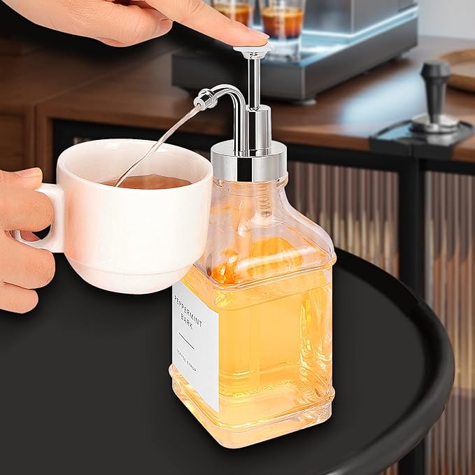 BathAce Coffee Syrup Dispenser for Coffee Bar, Clear Glass Syrup Bottles with Pump, Refillable Maple Syrup Storage, Coffee Station Accessories and Organizer, 500ml, Set of 2 + Tray (Chrome Finish)