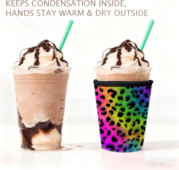 Rainbow Leopard Iced Coffee Sleeve Set Rainbow Leopard Iced Coffee Sleeve Set of 3 Colorful Neon Animal Print Insulated Coffee Sleeve for Women & Gifts Fits S/M/L 3-Pack
