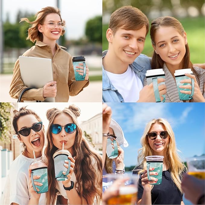 Ocean Blue Marble Reusable Insulator Coffee Sleeves for Drinks Beverages, Neoprene Holder with Handle for Most Coffee or Ice Drink, 24-28oz