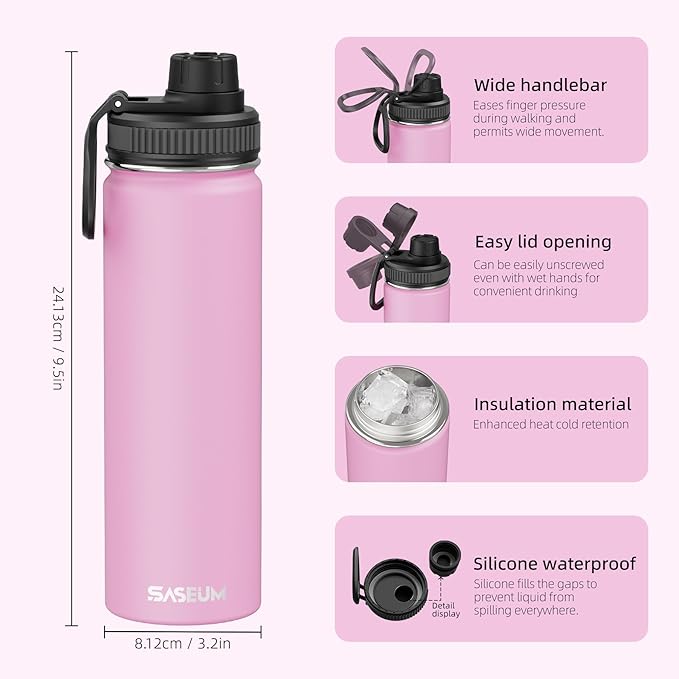 SASEUM Sport Water Bottle 22oz Stainless Steel Double Wall Vacuum Thermal Mug with Leak Proof Spout Lids, Wide Mouth Metal Insulated Water Jug for Gym and Travel（Pink）