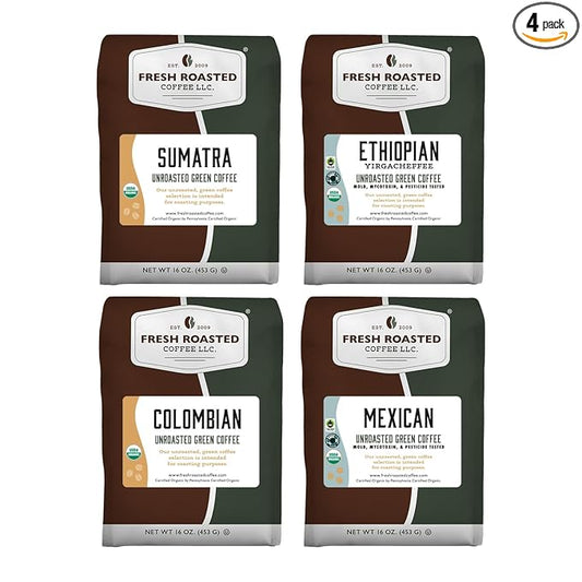 Fresh Roasted Coffee, Unroasted Organic Explorer Home Roasting Starter Kit | USDA Organic, Kosher | 4 one-pound bags