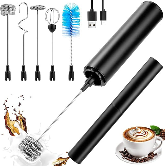 Milk Frother Wand for Coffee, Coffee Foamer Drink Mixer,Handheld Frother Rechargeable Electric Whisk with 5 Heads 2 Speeds for Latte, Cappuccino, Hot Chocolate, Egg(Home and Travel Set Black)