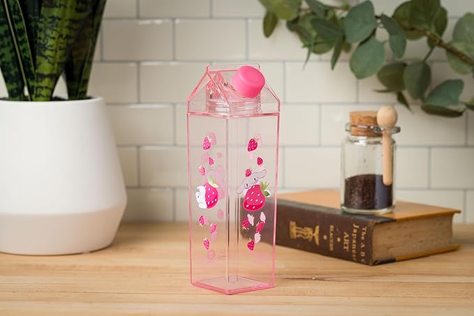 Silver Buffalo Sanrio Hello Kitty and Friends Featuring Cinnamoroll and Strawberries Plastic Pink Milk Carton Pitcher Bottle, 16.2 Ounces