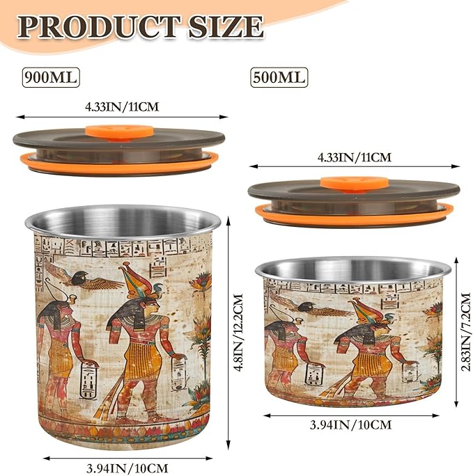YETTASBIN Egyptian Murals Airtight Food Storage Containers 900ml/30oz, Stainless Steel Coffee Canisters with Vacuum-Lock Lid for Kitchen Organization, Coffee Bean, Tea, Sugar, Flour
