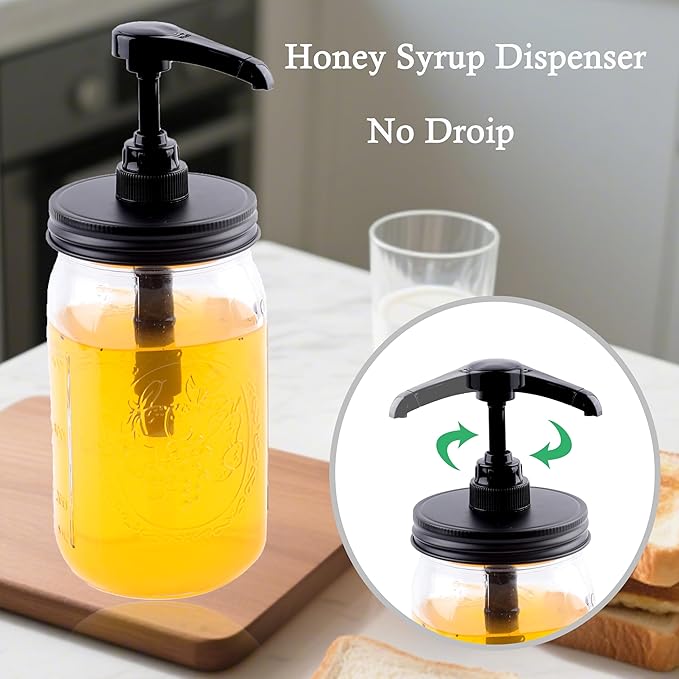 Mason Jar Syrup Honey Sauce Dispenser Pump Lid For Wide Mouth Mason Canning Coffee Syrup Condiment Pump Top Lid Food Grade Airtight & Leak (Jar Not Included)