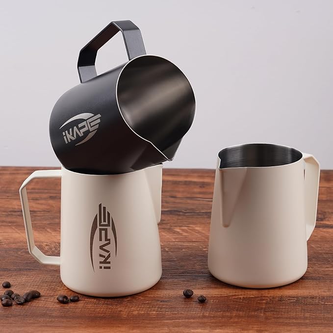 IKAPE Coffee Products, 600ml Milk Frothing Pitcher, Stainless Steel Milk Steaming Pitchers, Cappuccino Latte Art Barista Steam Pitchers Coffee Milk Frother Cups(20 oz)(Black)
