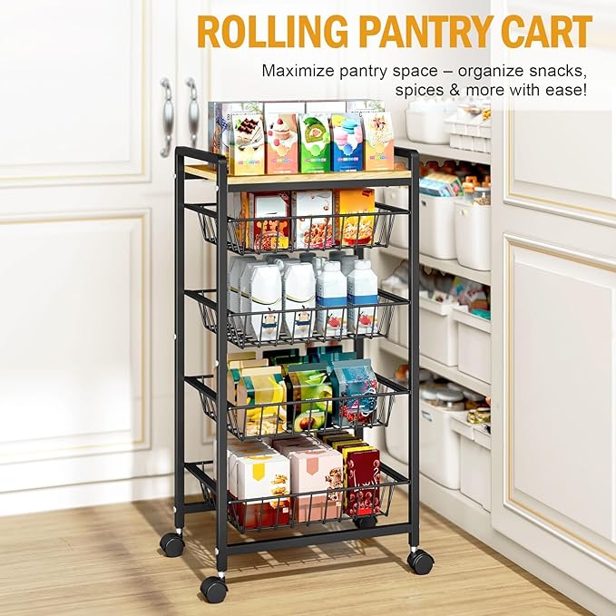TOOLF 5-Tier Kitchen Cart with Tabletop, Rolling Snack Cart with Lockable Wheels, Fruit Vegetable Storage Basket with 4 Pack Mats, Metal Storage Rack with Pull-Out Pantry Cart for Organizer